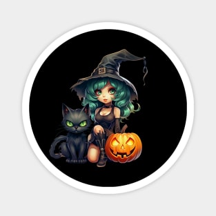 Halloween Witch Black Cat and Pumpkins Magnet